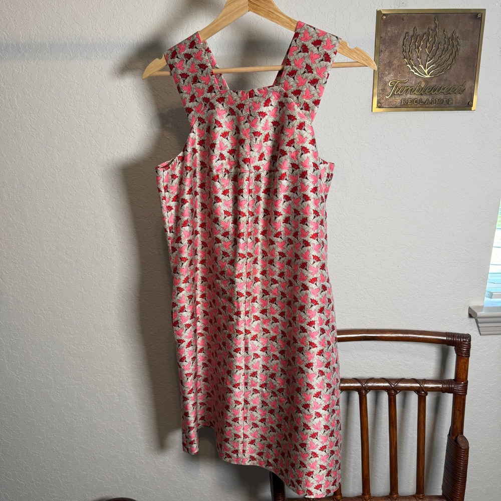 Tory Burch Pink Red Bird Floral 100% Silk Shift Dress Size 4 12151415 Sleeveless - Picture 2 of 10